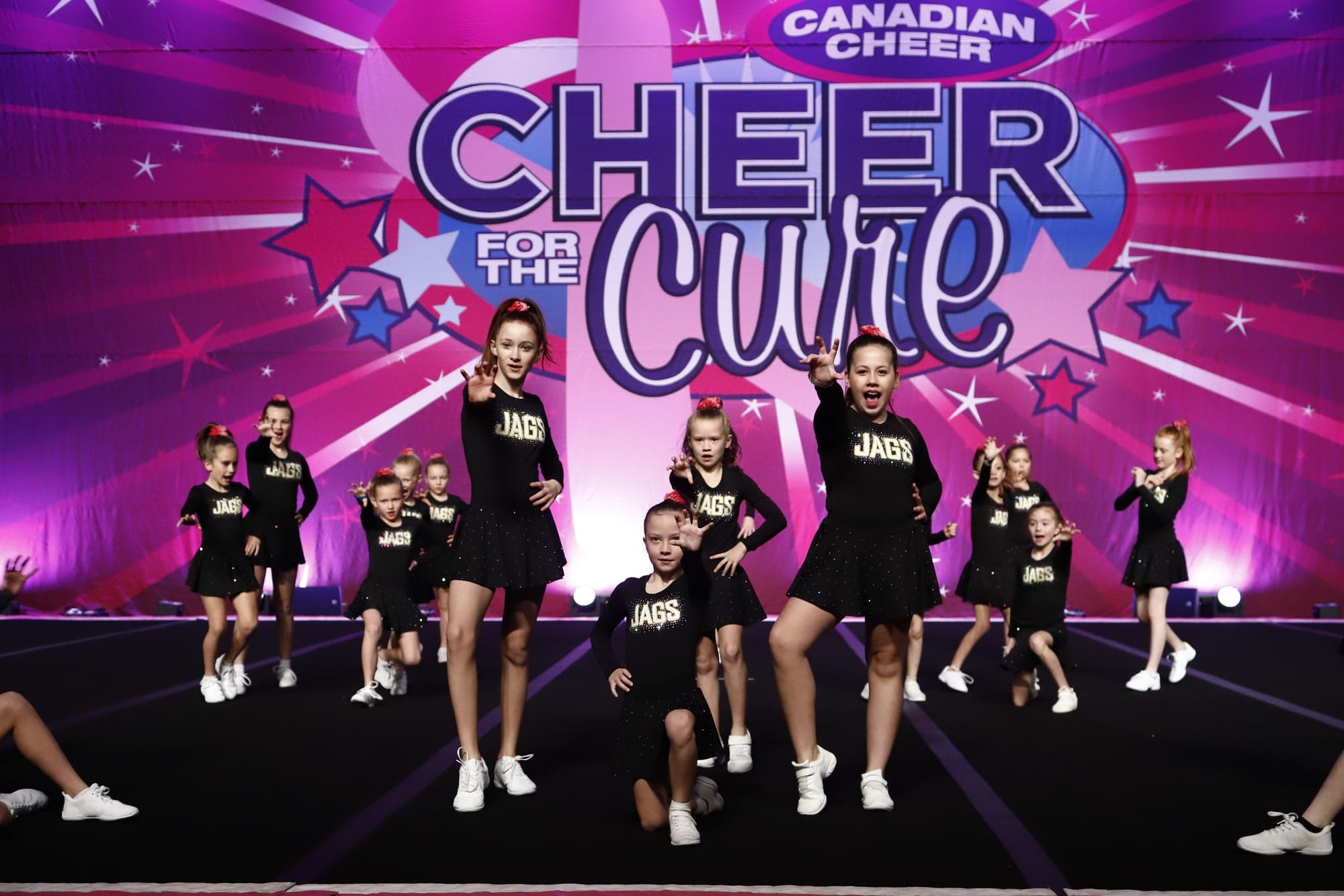 The full Novice Cheer team finishing their routine at Cheer for the Cure